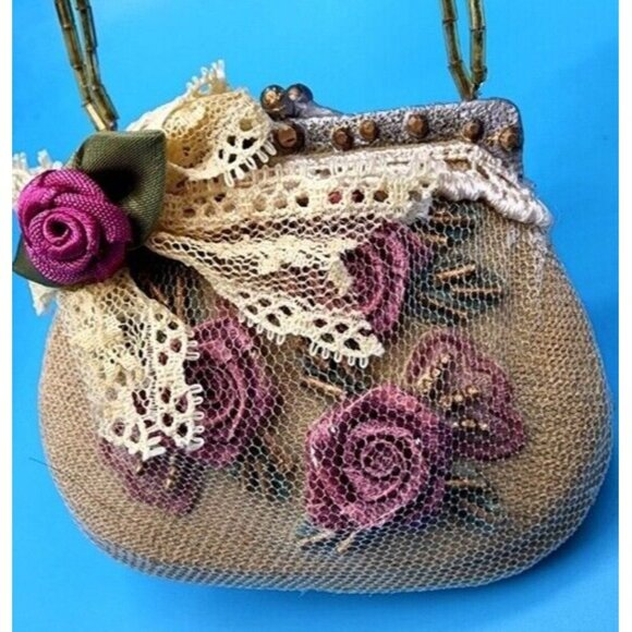 1990s Victorian Purse Ornaments Purple Roses Lace Tulle Beaded Handles Christmas - Picture 9 of 11